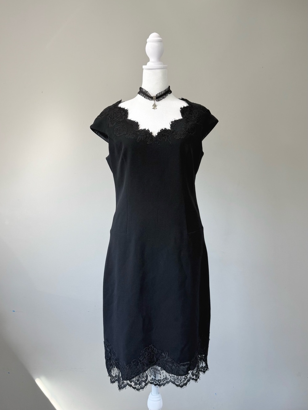 Escada Wool Cap Sleeve Lace Trim Black Dress